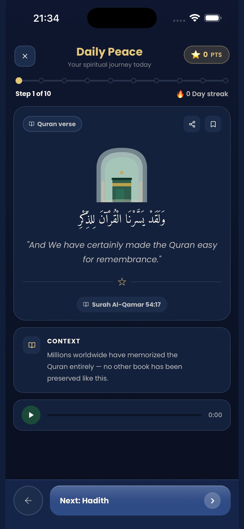 The Daily Peace screen offering a short guided moment of stillness.