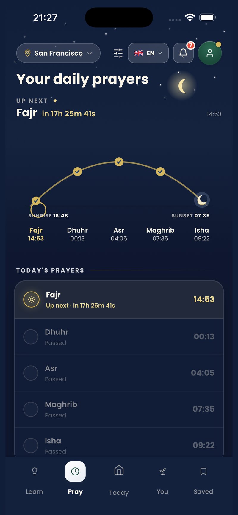 The Pray screen with prayer times and the Qibla direction.