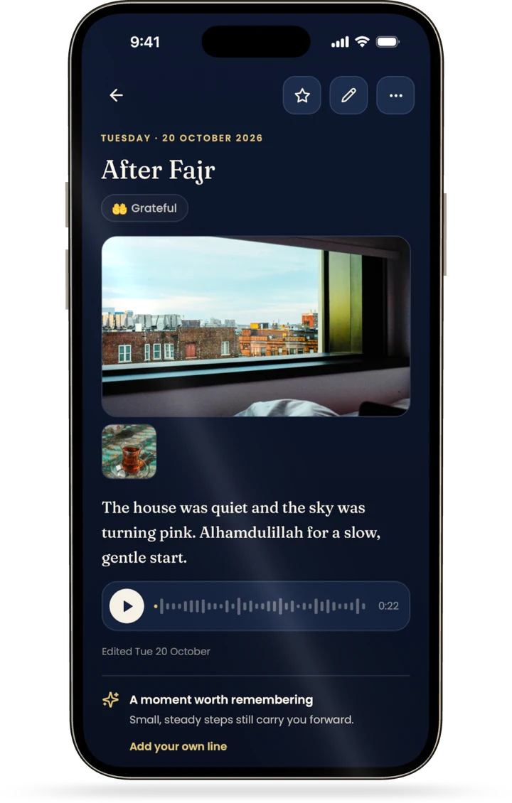A journal entry with photos and a voice note